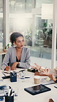 Meeting, talk or woman with notebook in office with accounting team, workshop or financial coaching. Feedback, notes or planning budget proposal, investment advice or mentor training with flare