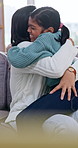 Running, hug and girl with mom on sofa for bonding, connection and happy relationship on weekend. Home, family and child with mother, embrace and laugh for affection, support and trust for love