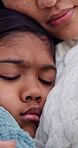 Mother, sad and child at house with hug, family love and emotional support for mental health. Woman, consoling and daughter in home with embrace, compassion and parental affection for mourning loss