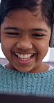 Happy, headphones and child in home on tech for streaming, watching videos and relax on weekend. Laugh, dance and girl on laptop for music subscription, internet and listening to song for good mood