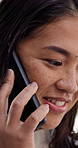 Woman, smile and conversation in office with phone call, human resources worker and advice for job. Happy, person and HR advisor in workplace with tech, contact or discussion for business management.