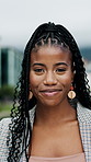 Business, face and happy with black woman in city for job opportunity or morning commute. About us, confidence and travel with employee person outdoor in urban town for career ambition or development