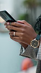 Business, texting and hands in town with phone, message response and networking on chat app. Typing, woman and employee outdoor with space, digital communication and email feedback on web platform.