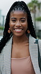 Business, face and funny with black woman in city for job opportunity or morning commute. About us, laughing and travel with employee person outdoor in urban town for career ambition or development