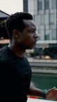 Fitness, breathing and black man in town with running, cardio and stamina training in physical activity. Sports, exercise and athlete with jogging, wellness hobby or workout endurance in Los Angeles.