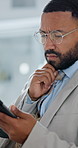 Thinking, tablet and businessman in office for research on finance report with budget planning. Digital technology, decision and financial manager with choice for investment proposal in workplace.