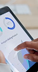 Tablet screen, graph and hands of business person with sales analysis, research and statistics. Corporate, scroll and worker on digital tech with chart, infographic and results for selling product