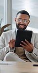 Tablet, laugh and business man in office for financial report, online proposal and research for trading. Corporate, glasses and happy person on digital tech for finance review, investment and website