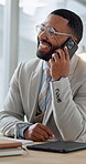 Phone call, laugh and business man in office with update for client, discussion and conversation. Corporate, happy and person on cellphone for connection, planning and feedback for finance advice