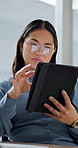 Tablet, glasses and business woman in office for financial report, online proposal and research for trading. Corporate, reflection and person on digital tech for finance review, investment and graph