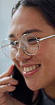 Phone call, talking and business Asian woman in office with update for client, discussion and chat. Corporate, happy and person on cellphone for connection, planning and feedback for finance proposal