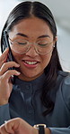 Phone call, watch and business woman in office with schedule, time management and talking. Corporate, happy and Asian person on cellphone for conversation, planning and agenda at finance agency