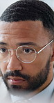 Thinking, glasses and businessman in office on tech for finance proposal, planning and investment. Corporate, reading and person on computer for problem solving, financial report or budget solution