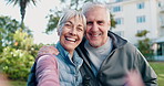 Fitness, face and selfie of senior couple, laugh and bonding with partner or picture on social media. Outdoor, photography and old people after physical activity, happy and memory on website at park