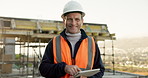 Tablet, man and face of construction worker on site with confidence for building infrastructure. Happy, about us and portrait of mature civil engineer with tech for maintenance, repairs or renovation