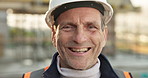 Smile, man and face of construction worker on site with confidence for building infrastructure. Happy, about us and portrait of mature civil engineer with pride for maintenance, repairs or renovation
