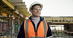 Planning, man and construction worker on site with ideas for inspection on property development. Thinking, project and mature civil engineer with decision for renovation, repairs or building.