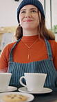 Hospitality, coffee and waitress with pastry, serving and positive attitude in restaurant. Walking, low angle and happy barista with warm beverage, dessert snack handover and friendly service in cafe