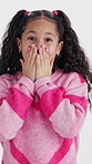 Omg, face and child in studio with shock, gift announcement and surprised at good news. Unexpected, portrait and girl on white background with present reveal, wow reaction and amaze at bonus prize.
