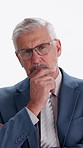 Face, businessman and thinking in studio with glasses, contemplation and decision for accounting job. Serious, mature person and accountant with vision, reflection and planning on white background.