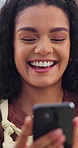 Laugh, texting and woman in house with phone, online communication and comic post on social media. Happy, digital and person in home with technology, funny message or meme reaction on chat app.