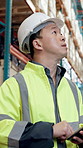 Thinking, tablet and logistics worker in warehouse for cargo, distribution or export update for delivery. Digital technology, ideas and Asian supply chain manager with communication on shipping.