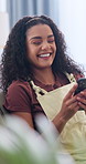 Laugh, scroll and woman on sofa with phone, online communication and comic post on social media. Happy, texting and person in house with technology, funny message and meme reaction on chat app.