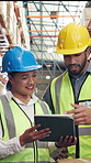 Smile, people and logistics at warehouse with tablet, research and supply chain for stock delivery. Happy, team and reading at depot with digital, shipping compliance and information for distribution