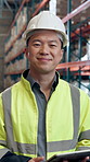 Tablet, man and face of distribution worker in warehouse with confidence for logistics career. Happy, technology and portrait of supply chain manager with pride for cargo, delivery or shipping.