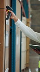 Hands, scanner and tablet with box in warehouse for logistics, price check or barcode. Person, employee or scanning package with technology for quality assurance, inspection or stock in storage depot