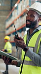 Radio, tablet and supply chain worker in warehouse for cargo, distribution or export update. Digital technology, talking and logistics manager with communication on shipping or delivery in factory.