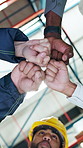 People, logistics and fist bump with team in warehouse for connection, unity or support. Low angle, group or hands together with success or mission for supply chain, distribution or cohesion in depot