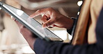 Carpentry, hands and tablet screen with man in factory for management of lumber production process. App, search and storage of stock with employee in woodwork warehouse for digital agenda or planning