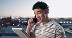 Phone call, chat and man with tablet in city, conversation or smile for property listing on website. Outdoor, sunset and happy person with tech for project, realtor and offer negotiation with mobile
