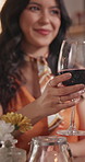 Love, toast and wine with woman in restaurant for anniversary, dating or relationship milestone. Alcohol, cheers and commitment with happy person in luxury establishment for romantic celebration