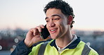 Happy, man and architect in city with phone call, conversation and good news for building project. Bokeh, person and tech outdoor for contact, discussion and positive feedback for architecture plan.