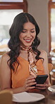 Laugh, typing and woman in cafe with phone, online communication and comic post on social media. Happy, texting and person in restaurant with tech, funny message and meme reaction on chat app.