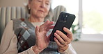 Phone, scroll and old woman hands in retirement home with social media, digital news or text message. Elderly person, tech and browsing in house with internet, website and mobile app for online chat.