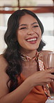 Conversation, laughing and wine with woman in restaurant for anniversary, dating or romance. Alcohol, funny and talking with happy person in luxury establishment for celebration of relationship