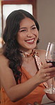 Talking, toast and wine with woman in restaurant for anniversary, dating or romance. Alcohol, cheers and conversation with happy person in luxury establishment for celebration of relationship