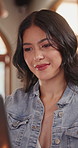 Remote work, happy or woman in restaurant with laptop, proofreading or novel feedback on email site. Smile, freelancer or author with tech, typing manuscript or director review on literature draft.