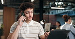 Laptop, phone call and programming with man at work for design, problem solving or solution. Computer, feedback and planning with programmer in coworking office for communication or development