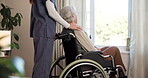 Nurse, hand and support for old woman in wheelchair, assisted living and comfort for senior patient. Nursing home, caregiver and sympathy for elderly person with disability, healthcare and wellness