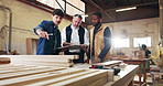 Carpenter, people and design in workshop with tablet, clipboard or planning for furniture production. Manager, team and discussion in factory with tech, carpentry designer or manufacturing supervisor
