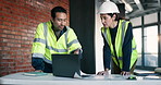 Architect, team and talk in office with laptop, review property design and collaboration for project. People, plan and discussion in building with computer for architecture, research and partnership.