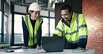 Architect, team and discussion in office with laptop, review design and collaboration for project. Happy, people and conversation in building with computer for architecture, advice and partnership.