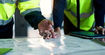 Architect, team and hands in office with blueprint, discussion or collaboration for building project. People, design document and floor plan for architecture, property development and brainstorming.