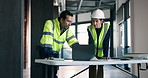 Architect, team and discussion in building with laptop, review design and collaboration for project. People, talk and planning with computer for architecture research, brainstorming and partnership.