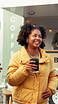 Laugh, coffee or black woman at food truck with chat, funny conversation or happy moment in discussion. Smile, gossip or person at market with beverage, joke reaction or humor connection with hangout