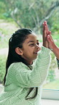 Family, parent and girl with high five in home for bonding, support and excited for achievement. Person, child and celebration in house with motivation, happy and congratulations with development
